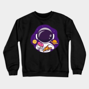 Cute Astronaut Eating Donut And Pizza In Space Cartoon Crewneck Sweatshirt